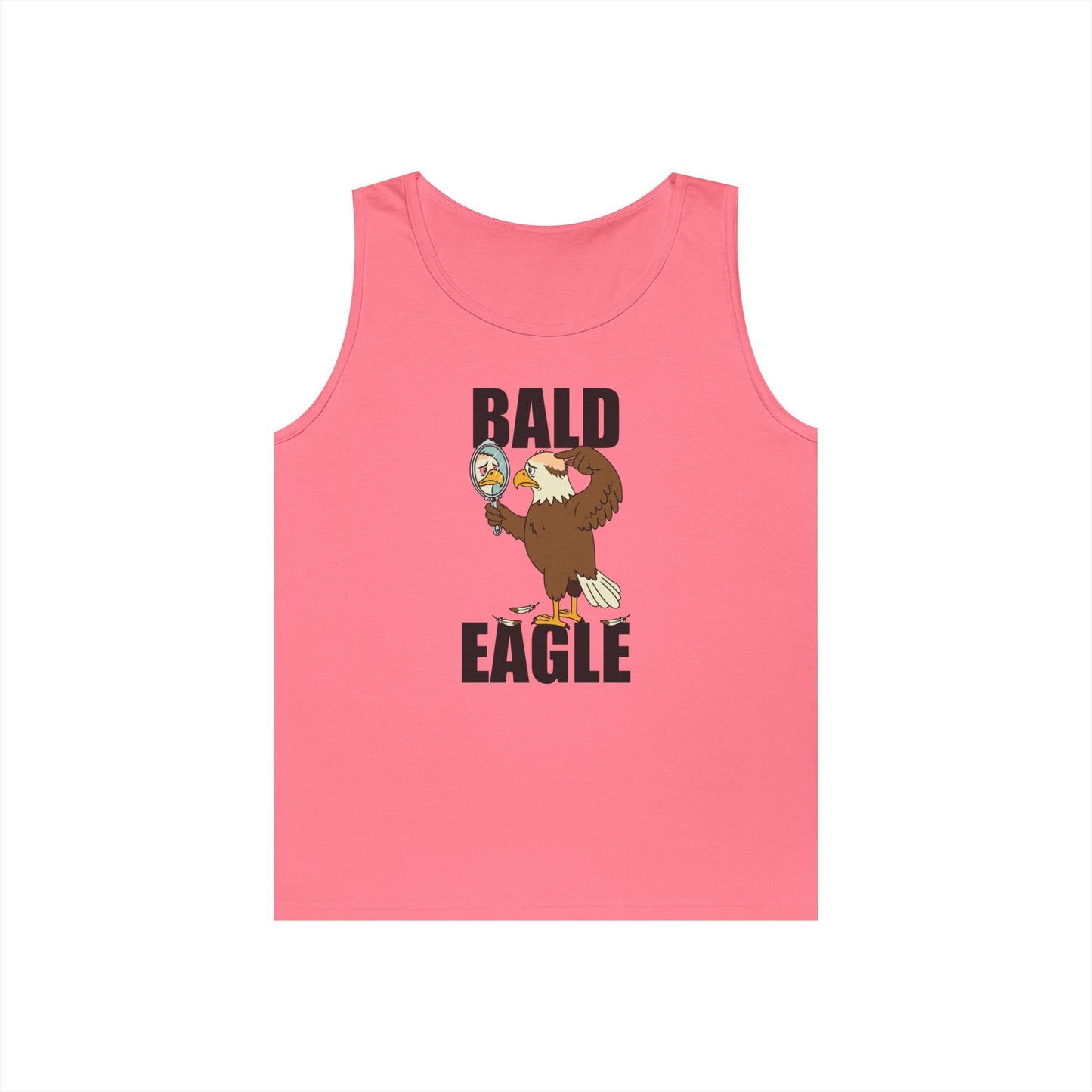 Bald Eagle tank top graphic featuring a sad eagle with a bald spot looking in a mirror.