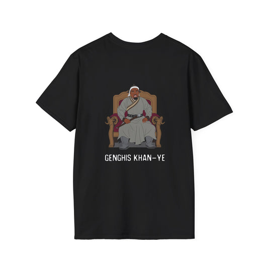 Genghis Khan Ye: Parody back print shirt illustration of Ye dressed as Genghis Khan in Mongolian armor. Funny hip hop culture pun.