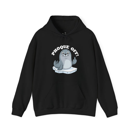 A funny seal wearing a "Phoque Off" design while giving the middle finger on a humorous pun hoodie.