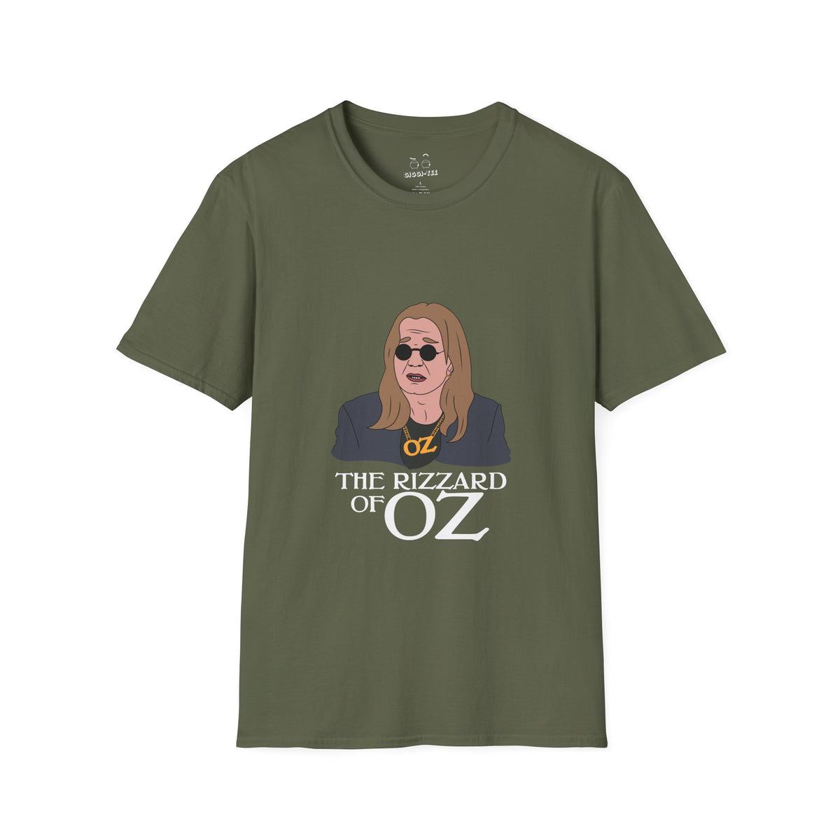 T-shirt featuring a caricature of Ozzy Osbourne dressed as a wizard, a mashup of "The Wizard of Oz" and "Rizz" slang.