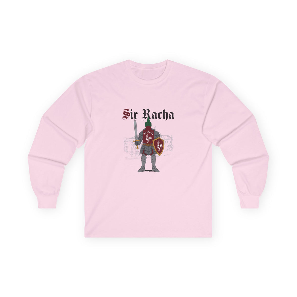 Sir Racha funny sriracha bottle dressed as a medieval knight long sleeve shirt