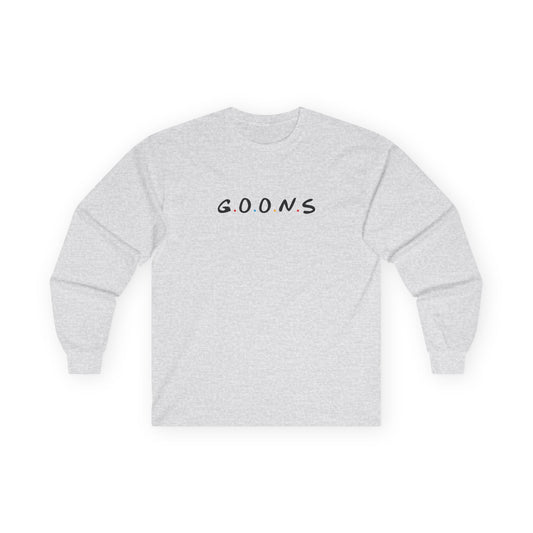 Goons long sleeve shirt design featuring the logo of friends comedy sitcom, humorous parody apparel