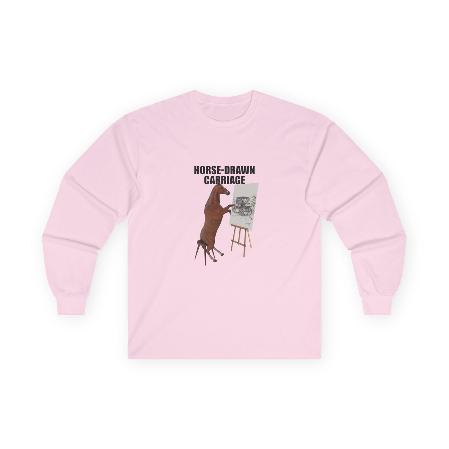 Horse sitting on a stool with a pencil, drawing a carriage on a canvas. Funny visual pun shirt on the phrase 'horse-drawn carriage'.