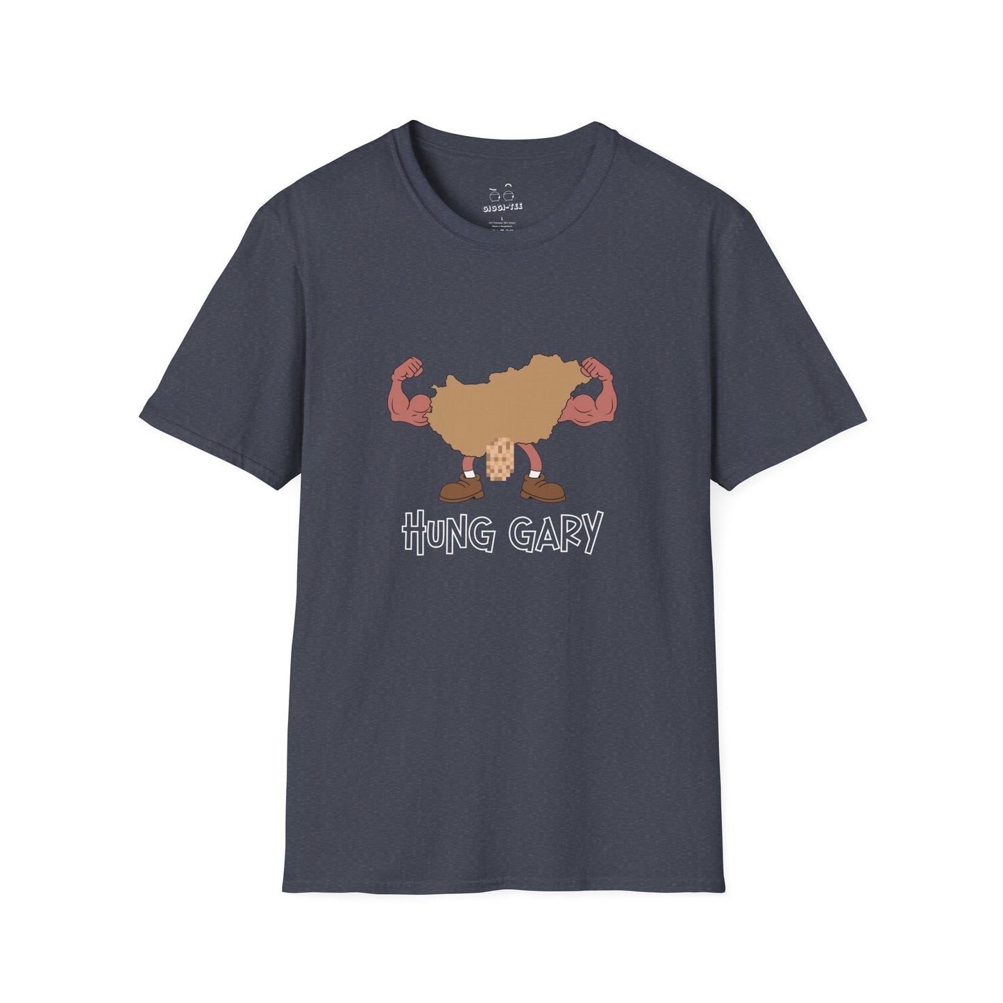 Hung Gary pun shirt: Hungary map illustration flexing muscles with an adult-themed pixelated graphic. Funny geography.