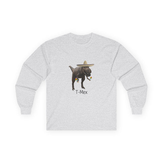 T-Mex dinosaur pun design on a long sleeve shirt featuring a festive T-Rex with a sombrero and maracas.