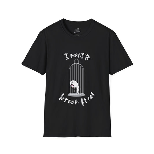 T-shirt illustration of a sperm cell looking through the bars of a condom-shaped cage, parodying the Queen song.