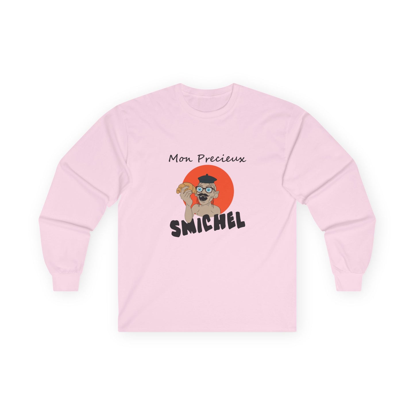 Long sleeve T-shirt showing a French Smeagol in a beret and mustache holding a croissant with the text "Mon Précieux."