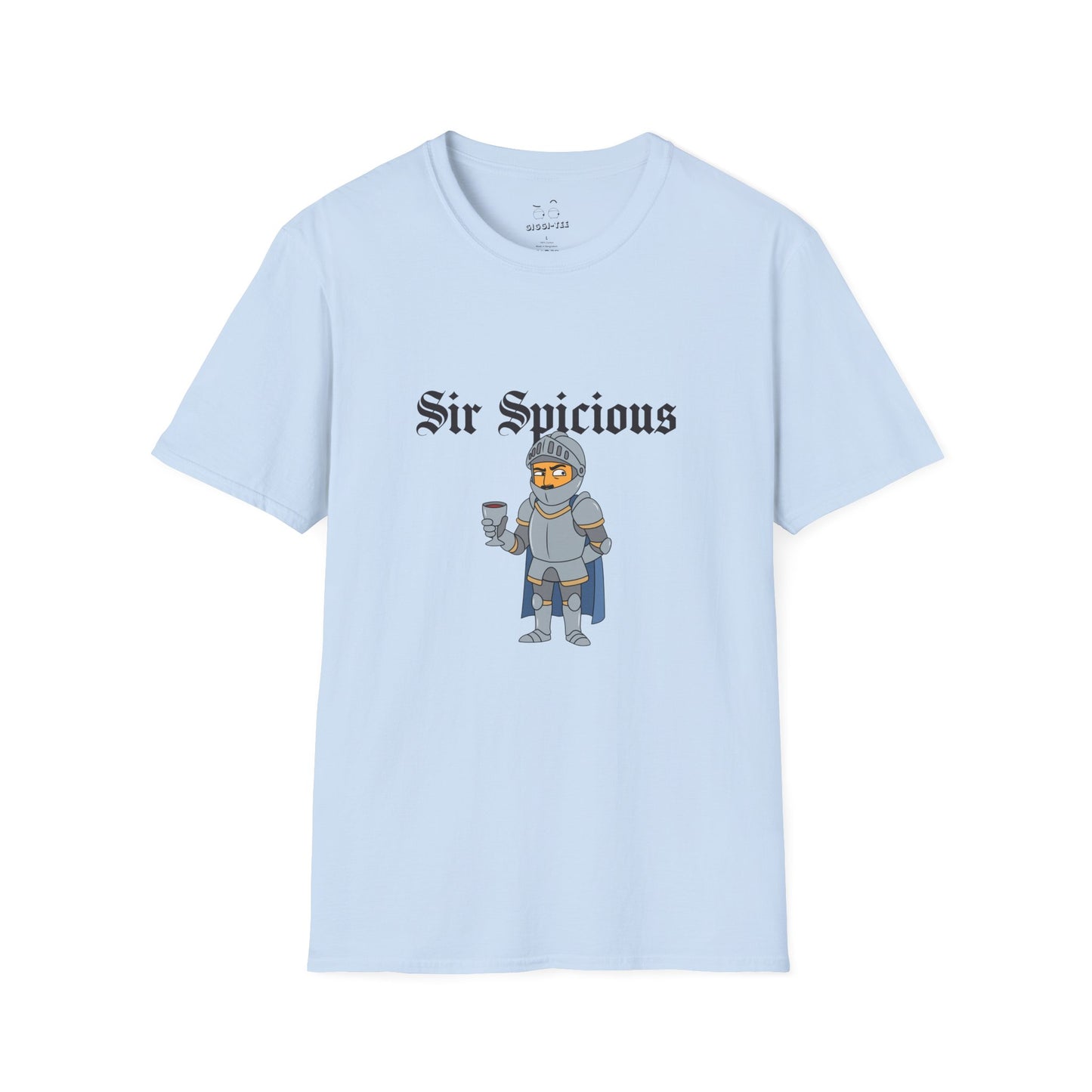 Sir Spicious suspicious funny medieval pun knight graphic on a white t-shirt