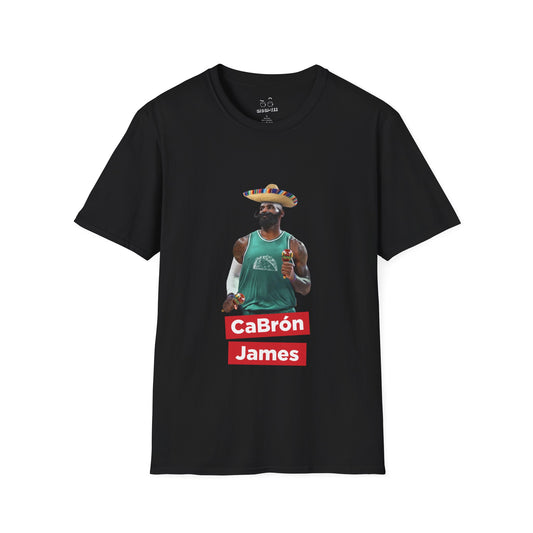 CaBron James parody illustration of LeBron James wearing a sombrero, giant Mexican-style mustache, holding maracas, and wearing a taco-themed basketball jersey.