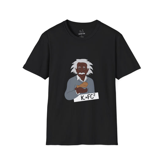 T-shirt featuring a Black Albert Einstein holding a chicken wing next to a parody physics equation, $k=Fc^2$.