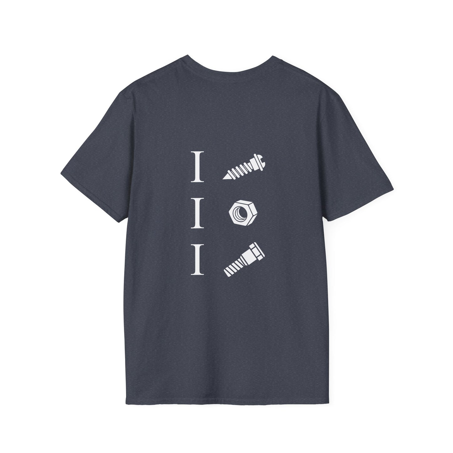 back print t-shirt with icons of a screw, nut, and bolt alongside text ‘I Screw I Nut I Bolt,’ pun design.