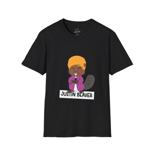 T-shirt featuring a cartoon beaver with a signature 2010s "Bieber" haircut and a purple hoodie.