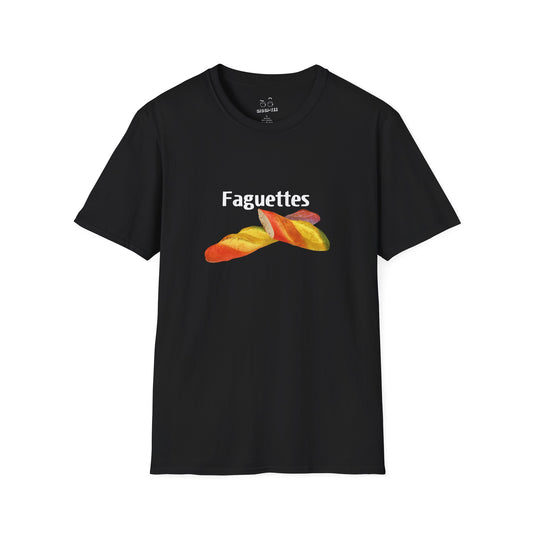 Funny rainbow baguette graphic on a unisex t-shirt featuring the parody design “Faguettes” with colorful pride-inspired artwork.