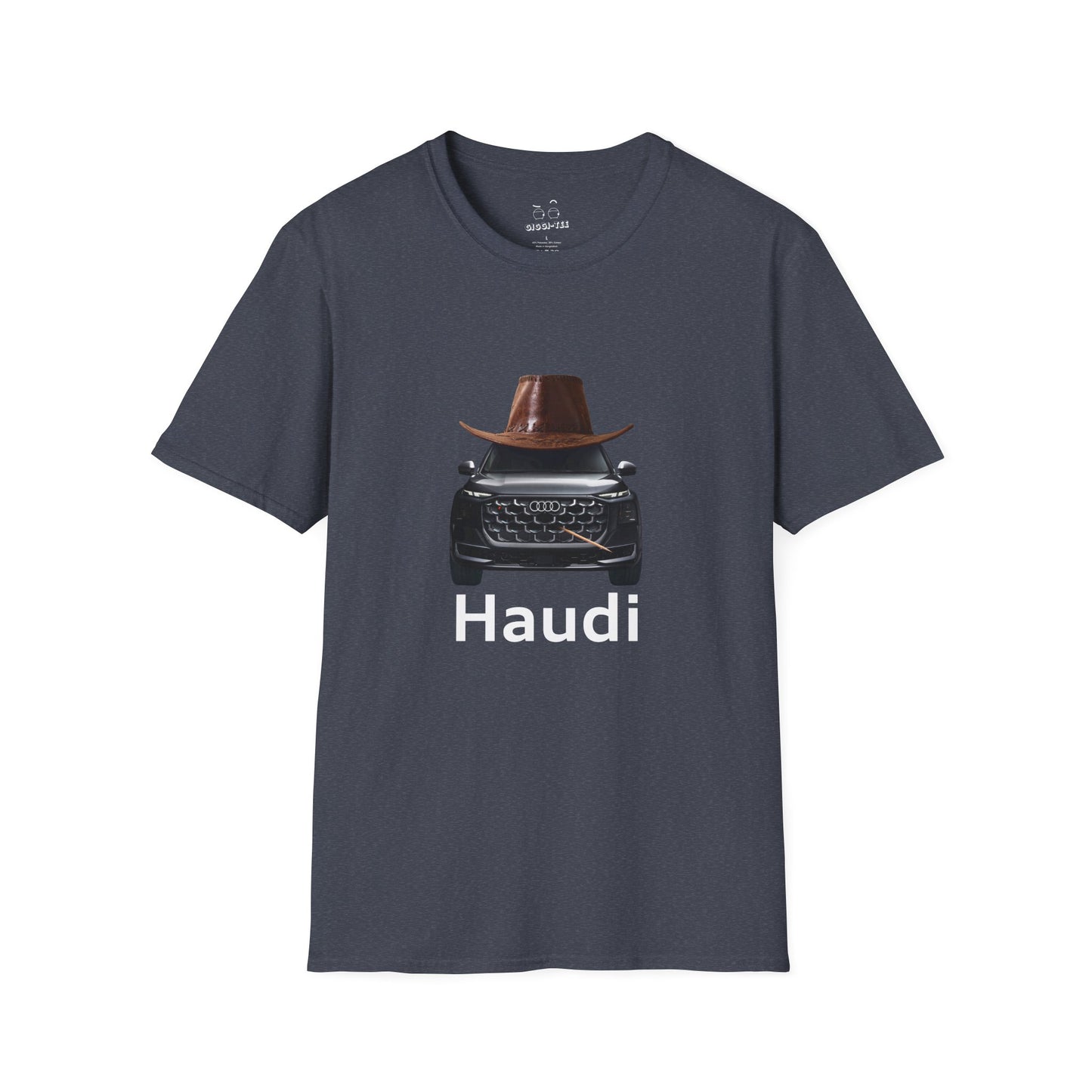 Haudi funny car shirt featuring an Audi with a cowboy hat and toothpick
