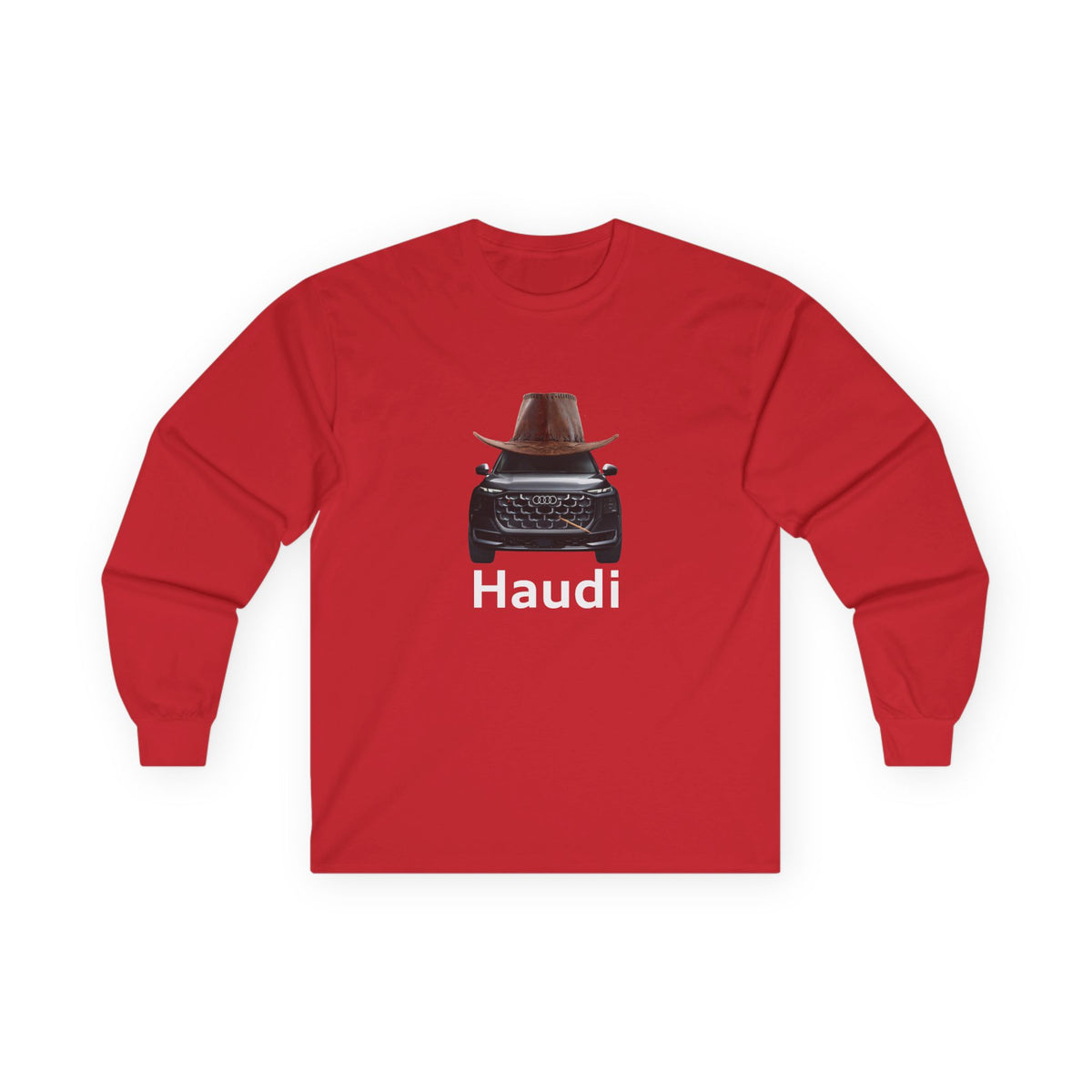Haudi funny car long sleeve shirt showing an Audi with cowboy hat and toothpick