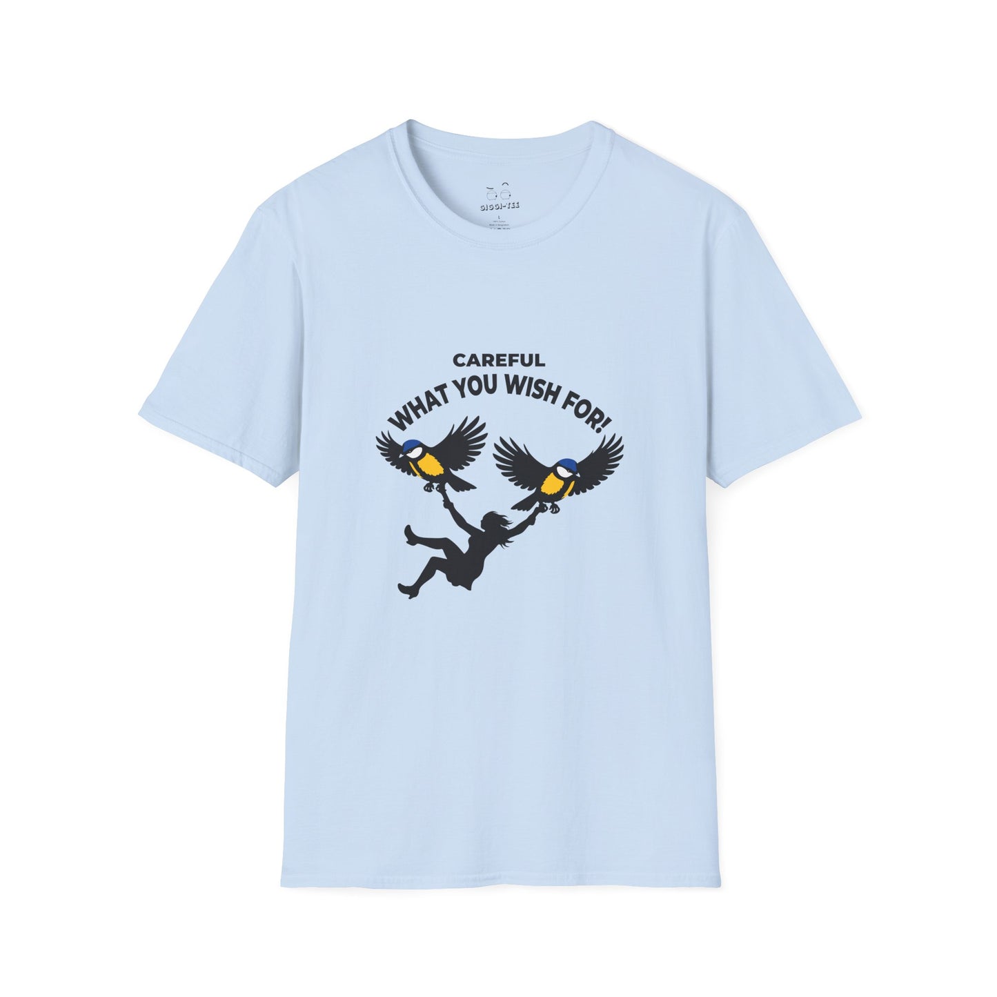 Funny big tits pun shirt showing two giant birds carrying a woman with the caption “Careful What You Wish For