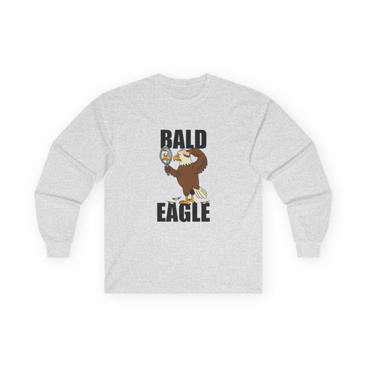 Funny Bald Eagle long sleeve shirt design with a bald eagle holding a mirror and showing a bald spot.