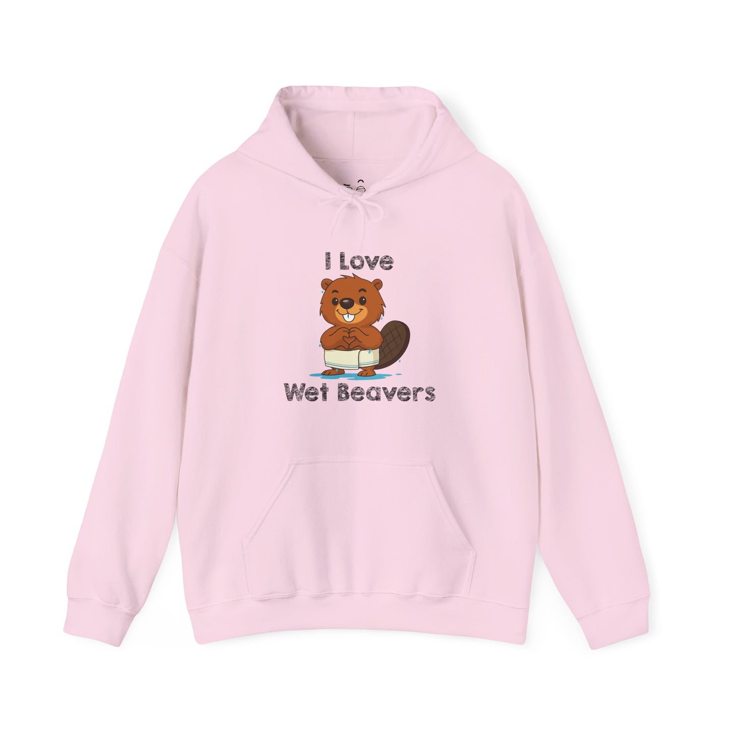 I Love Wet Beavers hoodie graphic featuring a dripping wet beaver with towel around its waist making a heart sign