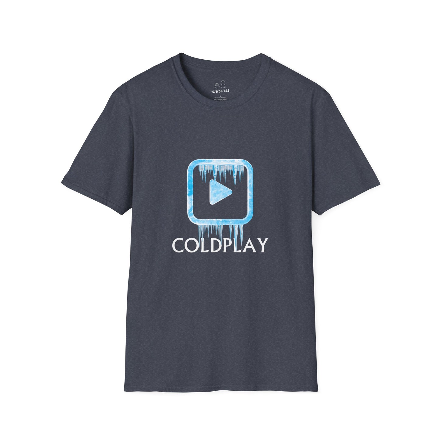 T-shirt with a minimalist graphic of a triangular "Play" button trapped inside a block of blue ice.