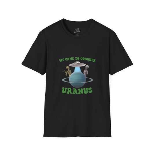 T-shirt with a graphic of two aliens in a UFO near the planet Uranus with the text "We came to conquer Uranus."