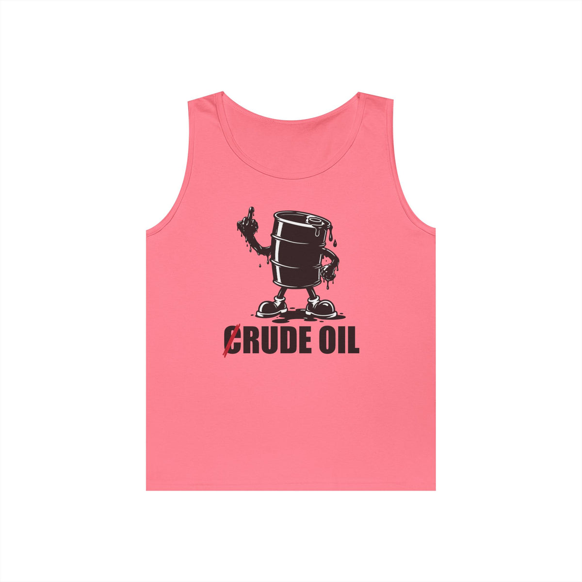 Graphic tank top featuring an illustrated Rude Oil barrel giving the middle finger with an oil-shaped hand and the C in Crude Oil crossed out.