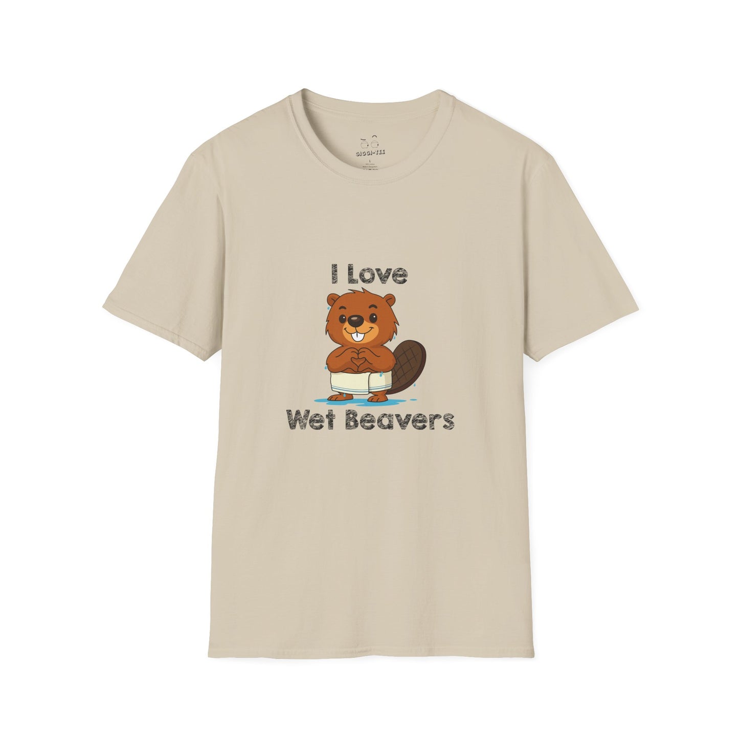 Funny beaver cartoon wearing a towel and dripping water, making a heart shape with its hands, “I Love Wet Beavers” humorous graphic design shirt