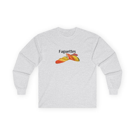 Long sleeve shirt featuring a rainbow-colored baguette parody design titled “Faguettes” with vibrant pride-inspired graphics.