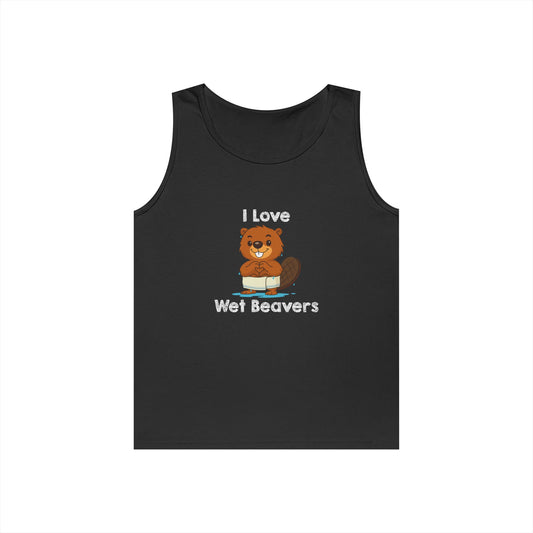 Funny beaver cartoon wearing a towel and dripping water, making a heart shape with its hands, “I Love Wet Beavers” humorous graphic design tank top