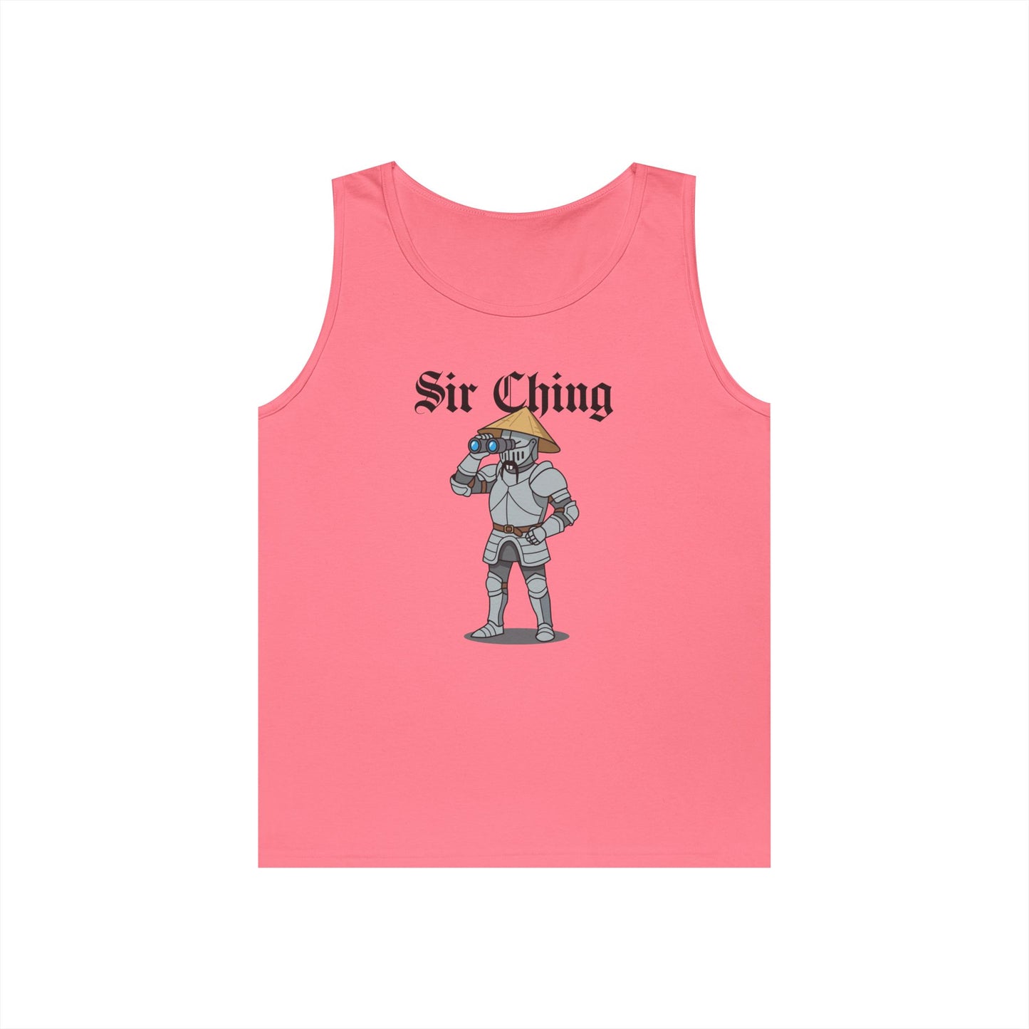 Sir Ching funny knight graphic tank top showing a goofy Asian-inspired medieval knight in shining armor searching with binoculars, wearing a cone hat and buck teeth.