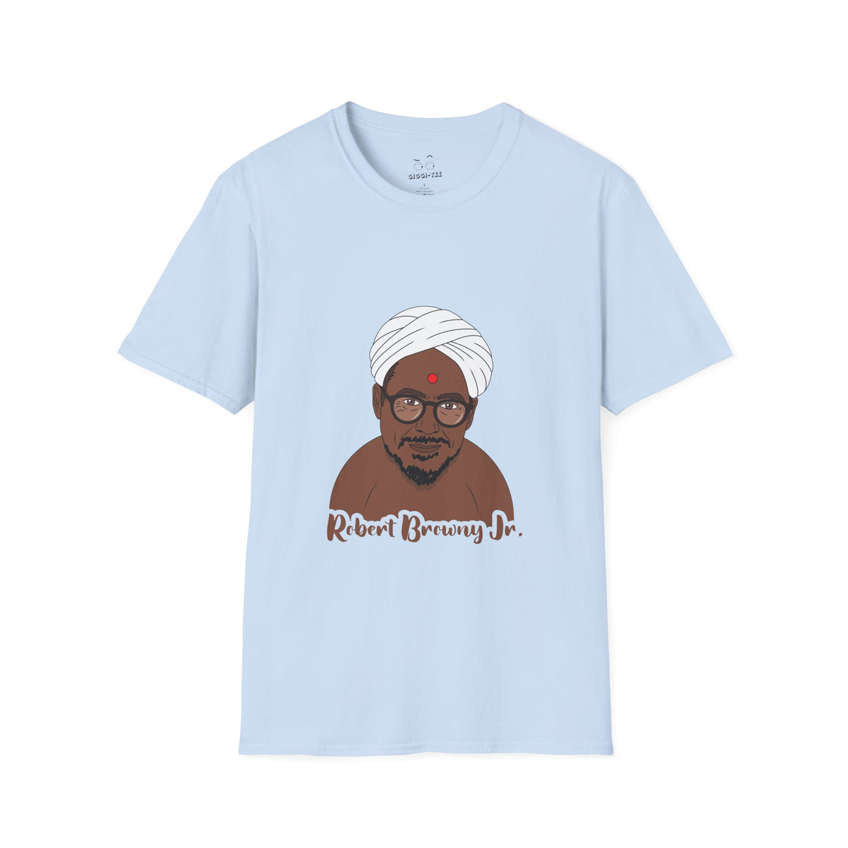 Parody shirt design featuring a comic illustration of Robert Downey Jr. as an Indian man wearing a white turban and bindi, with the text 'Robert Browny Jr.' underneath.