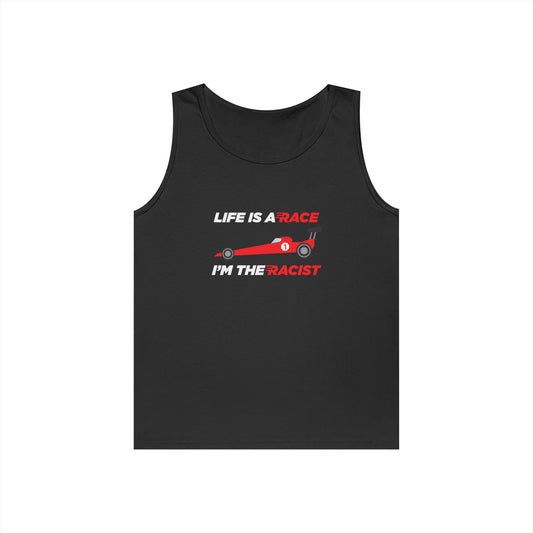 race car life is a race be a racist parody tank top design