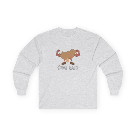 Hung Gary pun long sleeve shirt: Hungary map illustration flexing muscles with an adult-themed pixelated graphic. Funny geography.