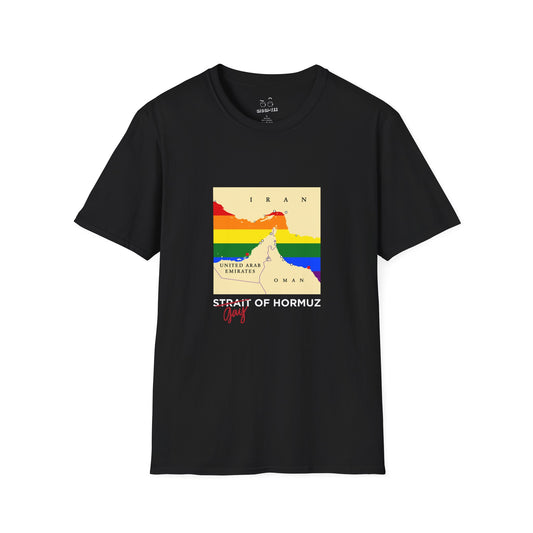Funny shirt with minimalist vector map of the Strait of Hormuz, Gay of Hormuz with a rainbow Pride flag filling the water between landmasses.