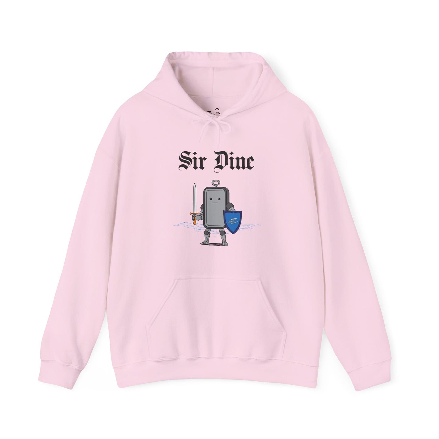 Sir Dine hoodie graphic showing a sardine can dressed as a knight in shining armor