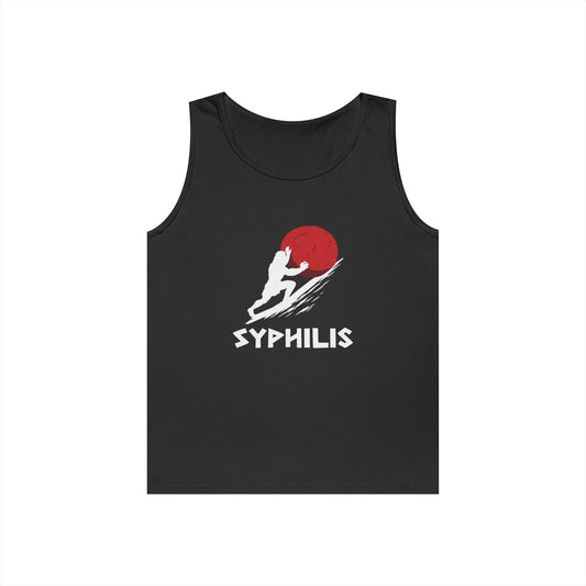 sisyphus pushing red sore syphilis pun funny tank top design
