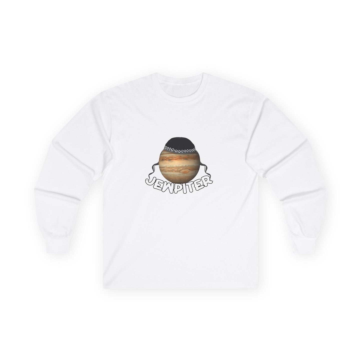 Funny parody of Jupiter with traditional headwear and curls — space-themed pun shirt with cultural twist