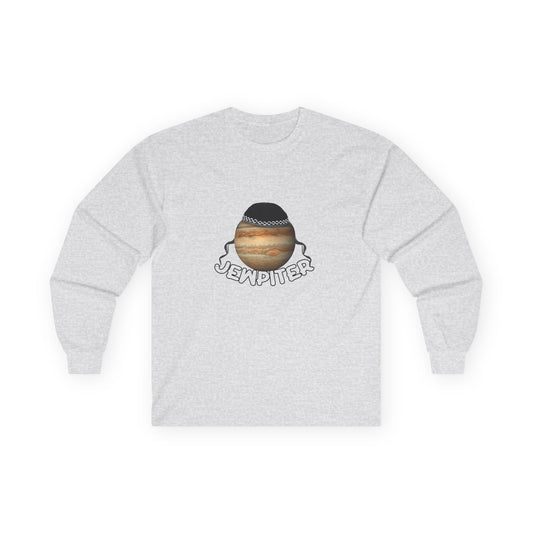 Funny parody of Jupiter with traditional headwear and curls — space-themed pun shirt with cultural twist