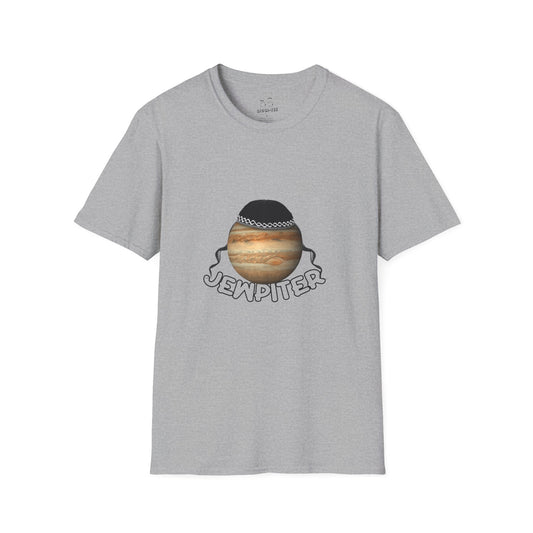 Funny parody of Jupiter with traditional headwear and curls — space-themed pun shirt with cultural twist