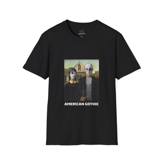 American Gothic parody shirt featuring gothic versions of the farmer and wife with makeup and black hair