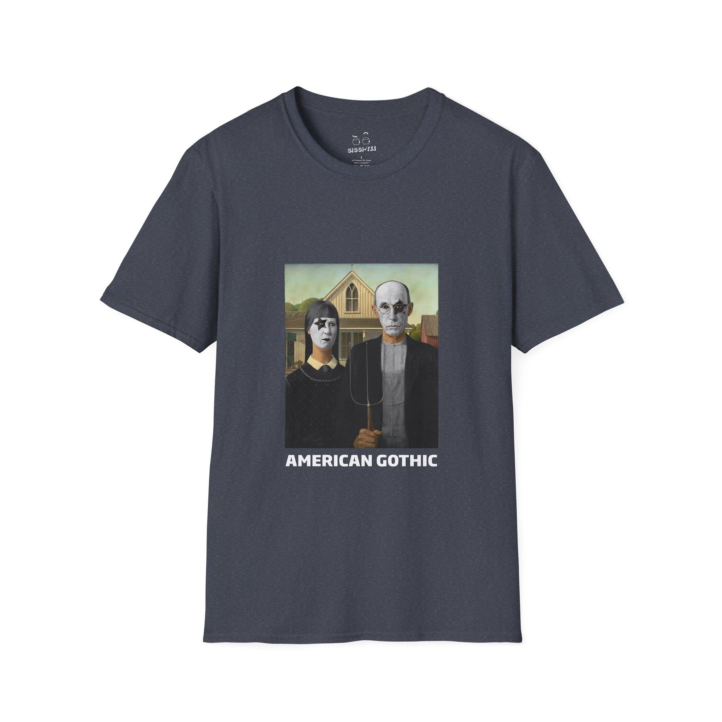 American Gothic parody shirt featuring gothic versions of the farmer and wife with makeup and black hair
