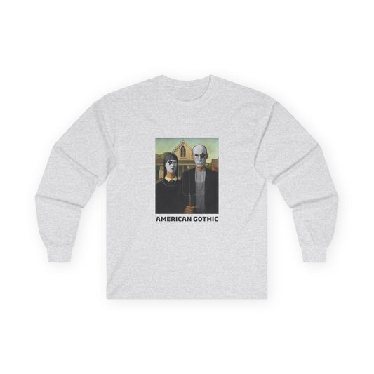 American Gothic parody shirt featuring gothic versions of the farmer and wife with makeup and black hair