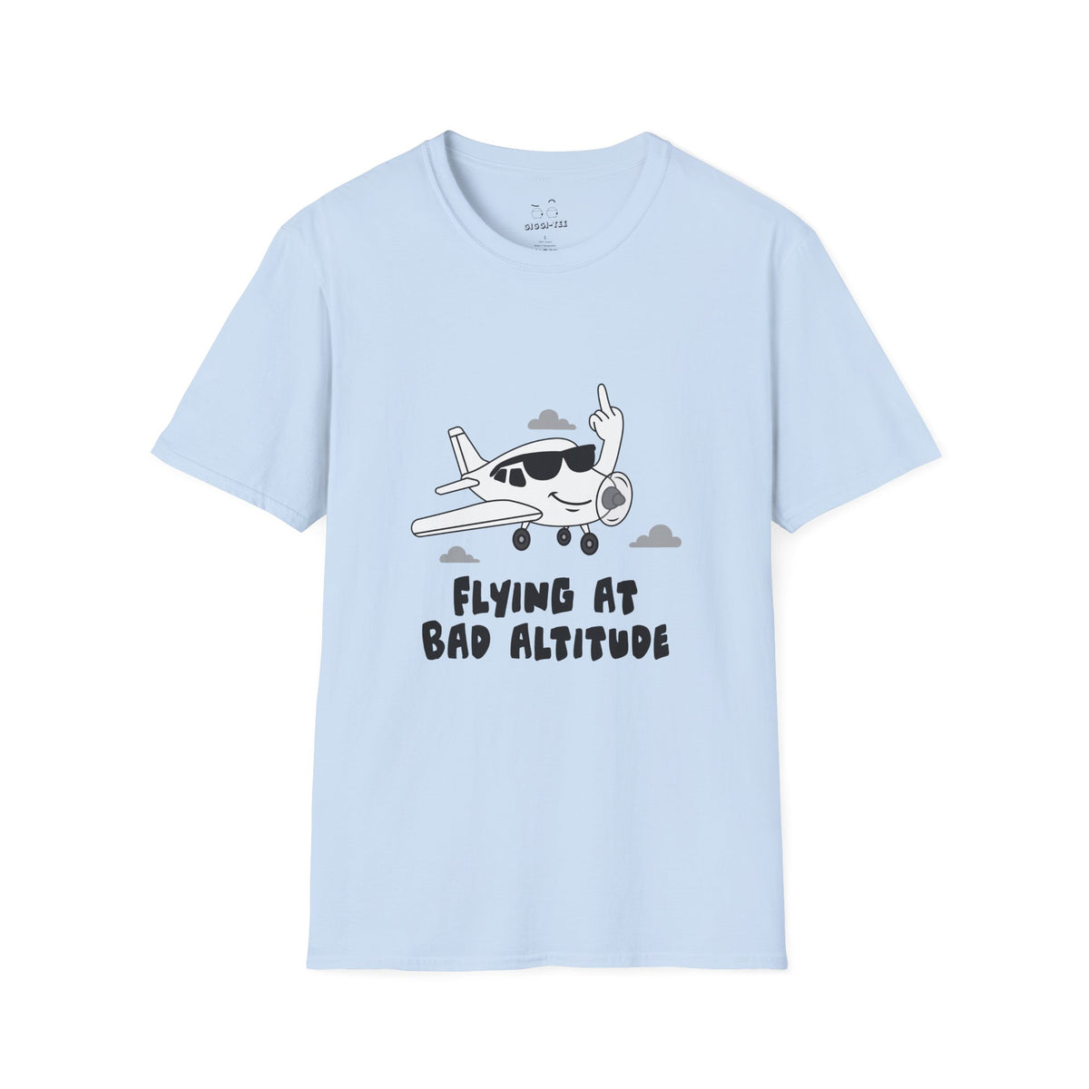 Cartoon airplane with a smug smile and sunglasses, flipping a middle finger with its wing. Bold, cheeky, and flat-color illustration for t-shirts.