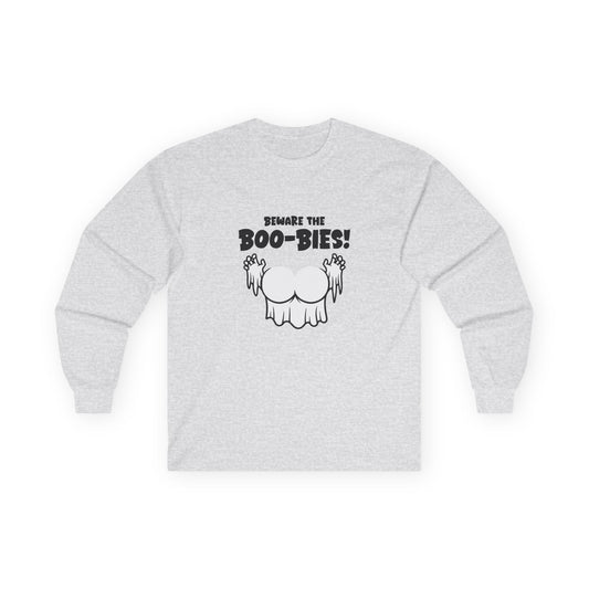 Funny Halloween t-shirt featuring two ghost-shaped boobs with the text “Beware the Boo-bies.