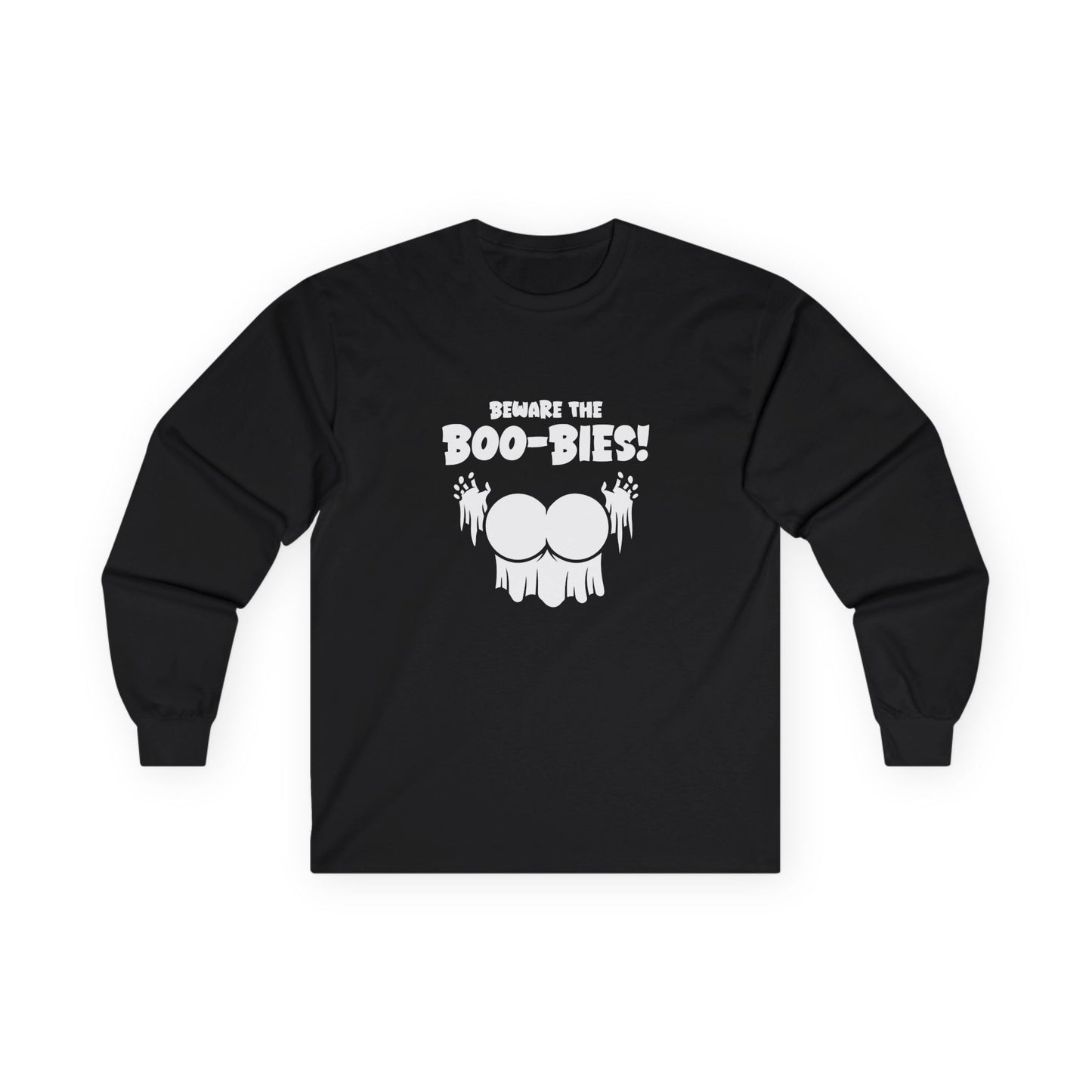 Funny Halloween t-shirt featuring two ghost-shaped boobs with the text “Beware the Boo-bies.
