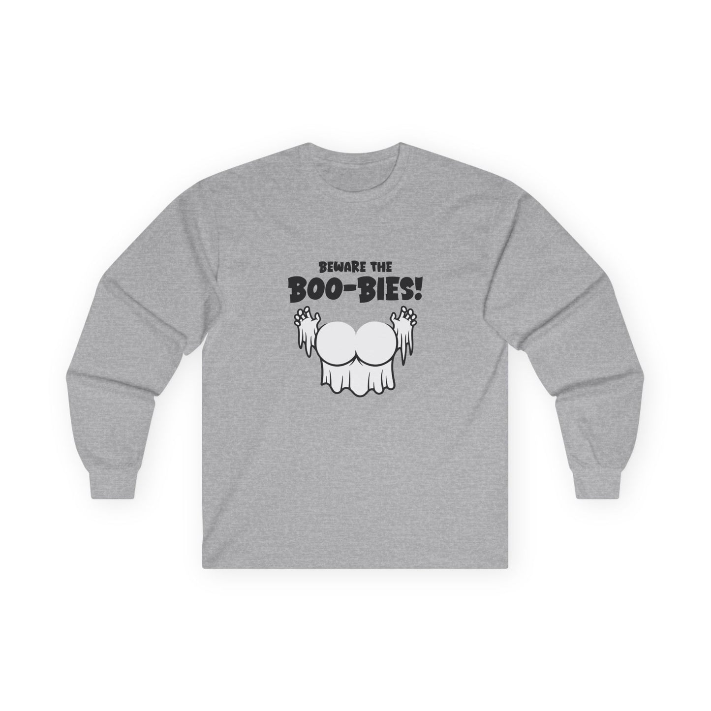 Funny Halloween t-shirt featuring two ghost-shaped boobs with the text “Beware the Boo-bies.