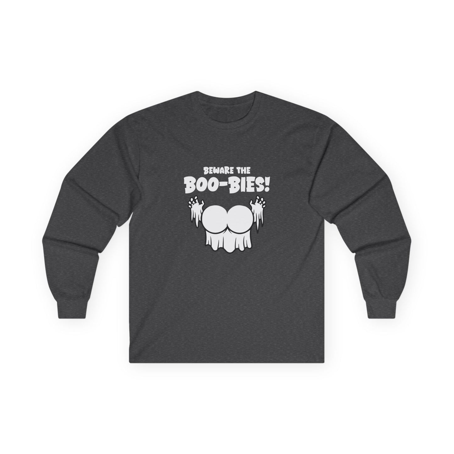 Funny Halloween t-shirt featuring two ghost-shaped boobs with the text “Beware the Boo-bies.