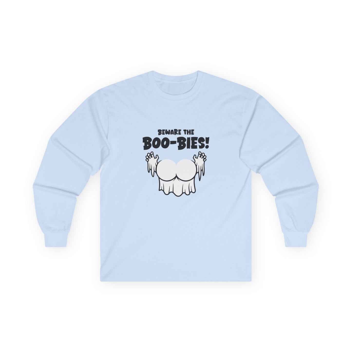 Funny Halloween t-shirt featuring two ghost-shaped boobs with the text “Beware the Boo-bies.