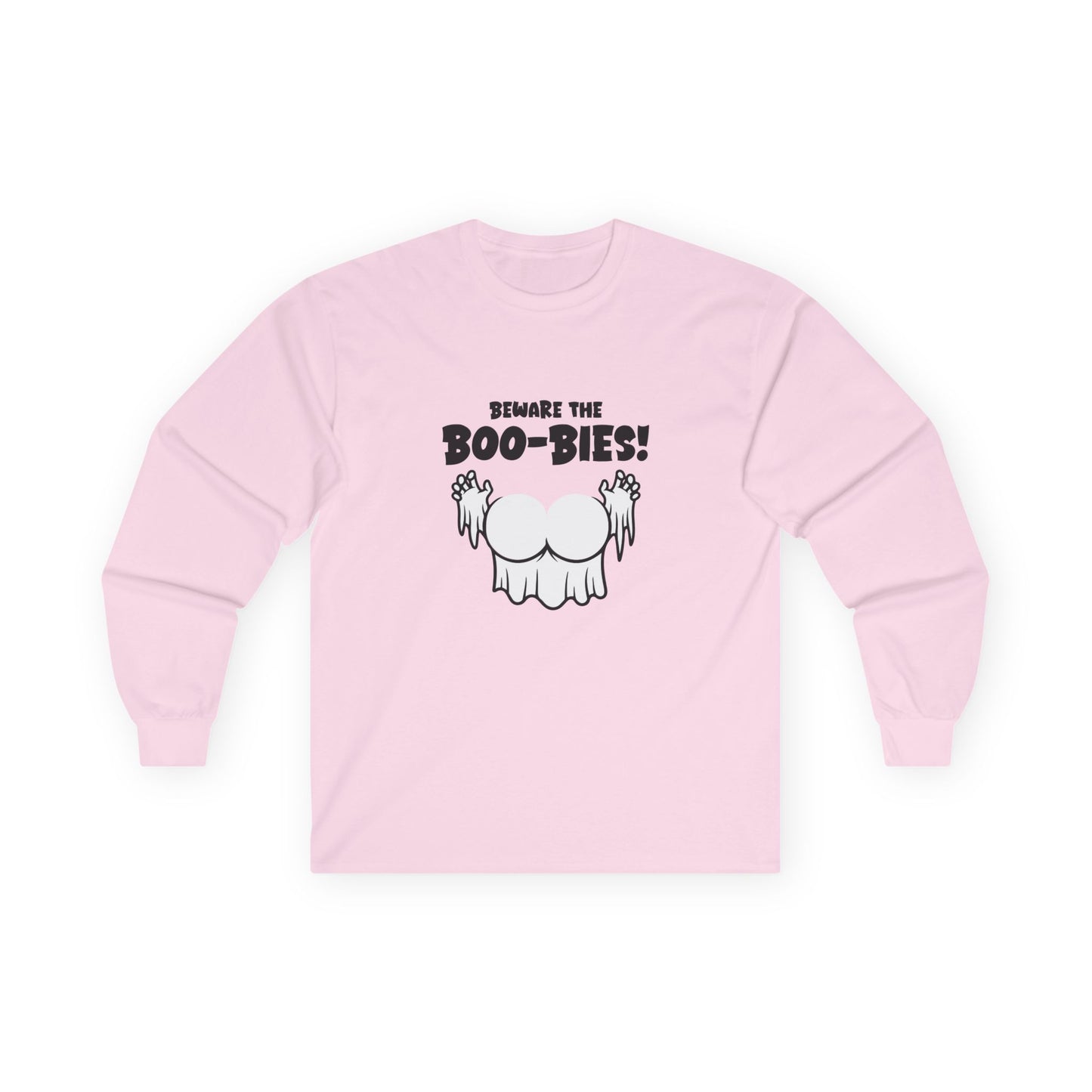 Funny Halloween t-shirt featuring two ghost-shaped boobs with the text “Beware the Boo-bies.