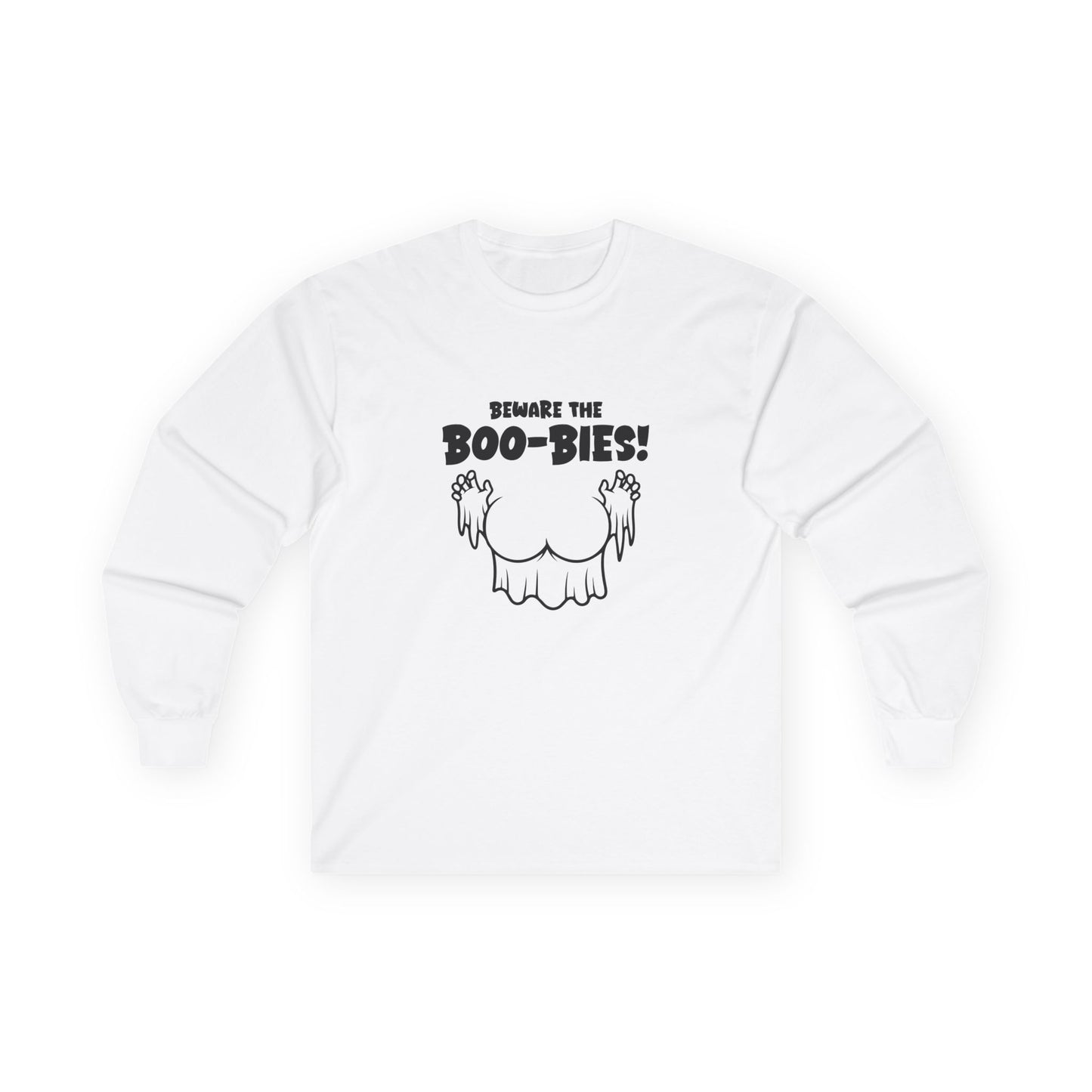 Funny Halloween t-shirt featuring two ghost-shaped boobs with the text “Beware the Boo-bies.