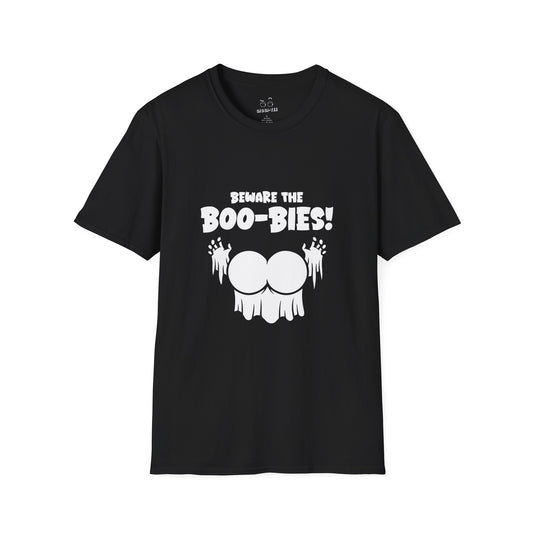 Funny Halloween t-shirt featuring two ghost-shaped boobs with the text “Beware the Boo-bies.